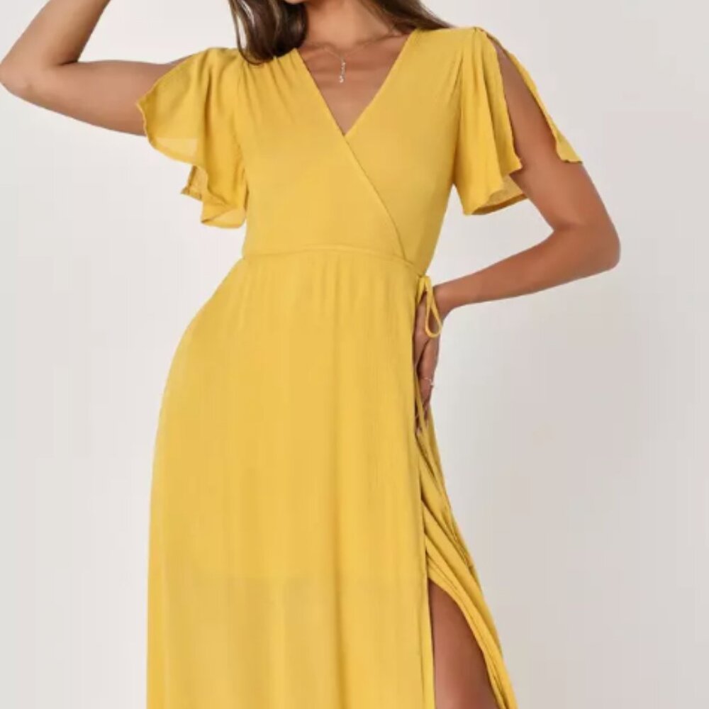 LuLu’s Much Obliged Golden Yellow Wrap Maxi Dress Size Large